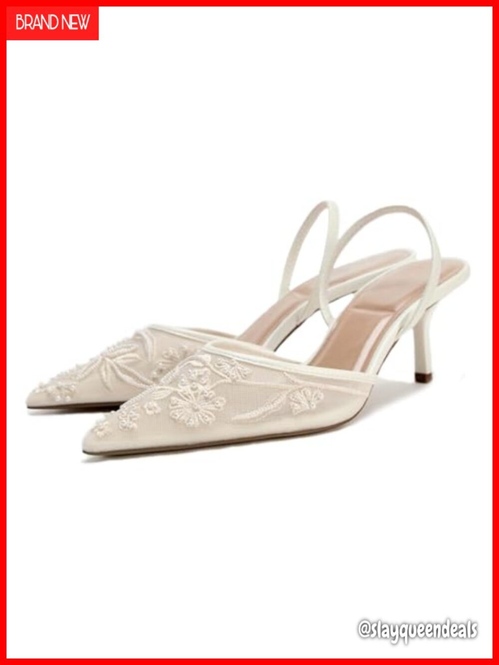 Mesh Embroidered Slingback Heels with Bead - Elegant Backless Kitten Heels